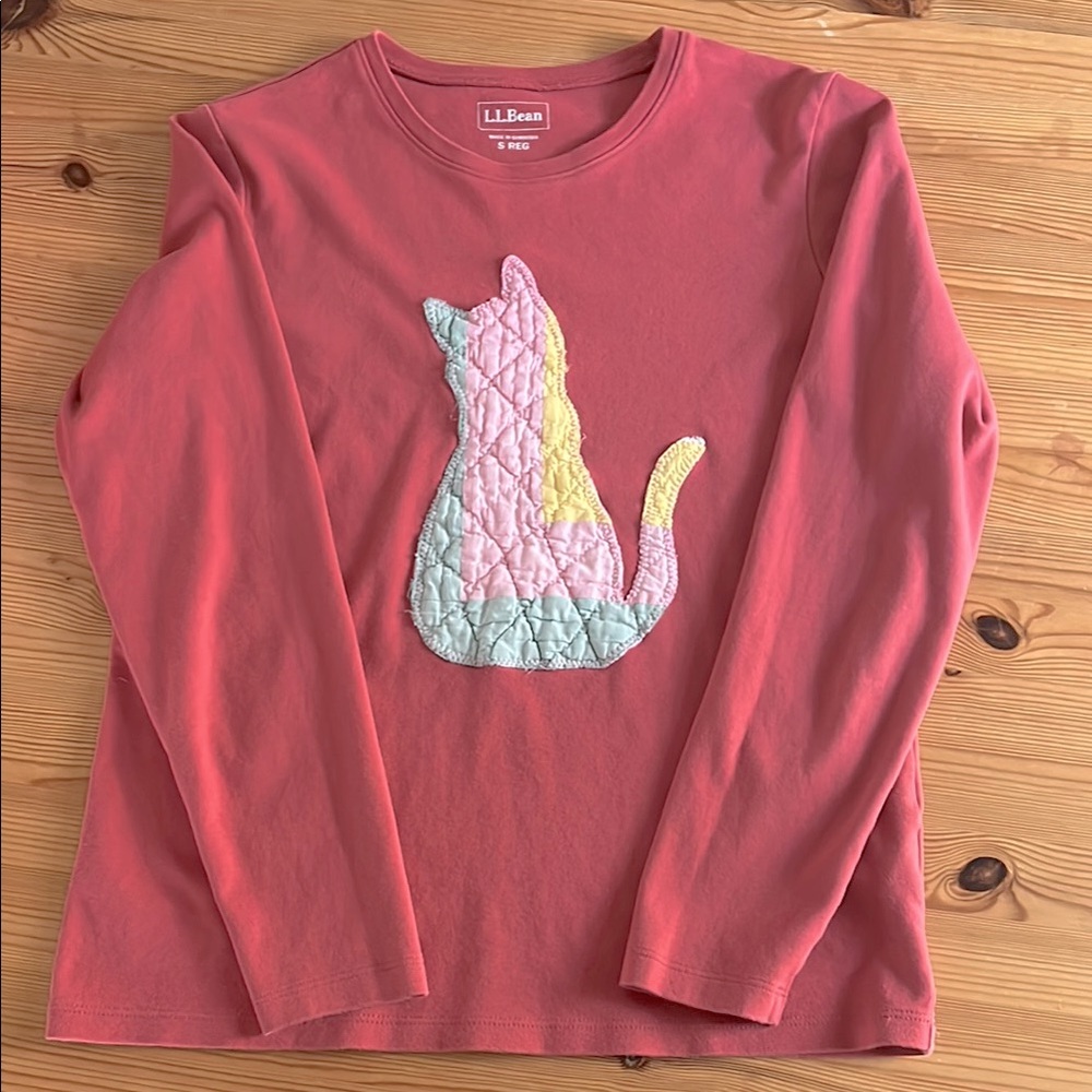 LL Bean Long Sleeve Tee with Kitty Cat Quilt Appliqué